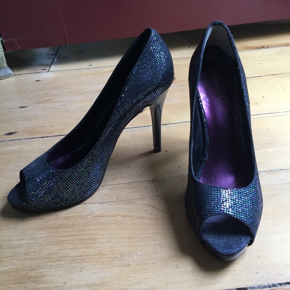 Nine West Black Glitter Peep Toe Heels